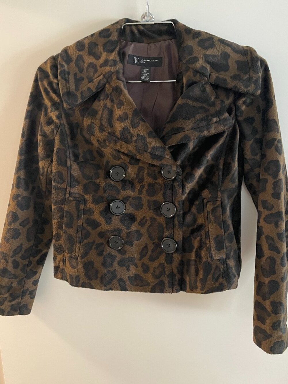 INC Leopard Print Faux Fur Jacket Double Breasted Pea Coat Brown Black, Size P